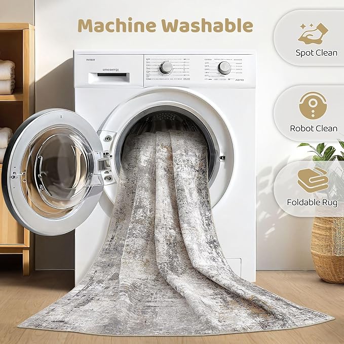 5x7 Area Rugs Washable Rug: Living Room Large Abstract Modern Soft Stain Resistant Indoor Floor Non Slip Accent Carpet for Bedroom Nursery Playroom Dining Room Office Dorm Home- Gray Rust