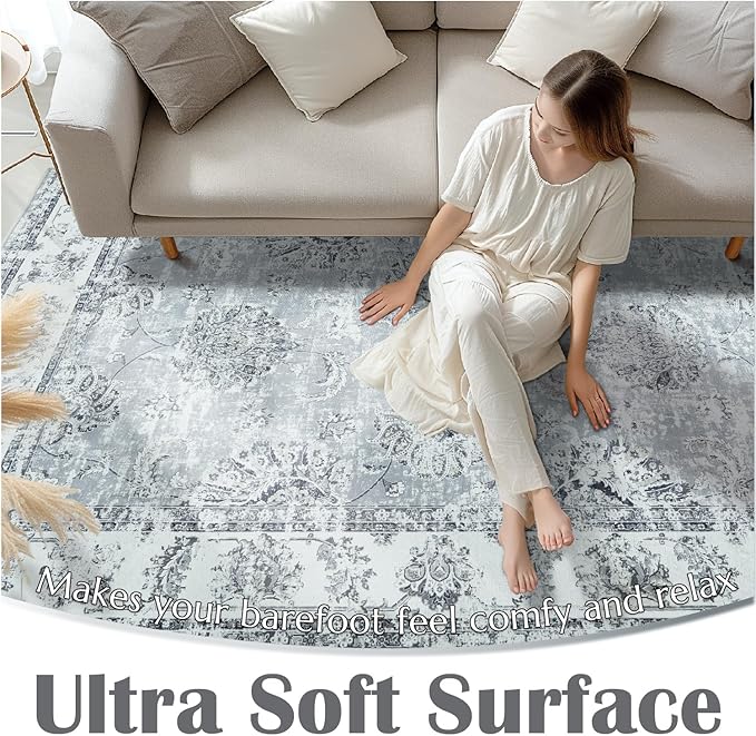 jinchan Runner Rug 2x6 Washable Hallway Runner - Vintage Floral Non Slip Low-Pile Soft Thin Kitchen Rug Distressed Carpet for Farmhouse Bedroom Entryway Laundry Room(2x6ft,Grey)