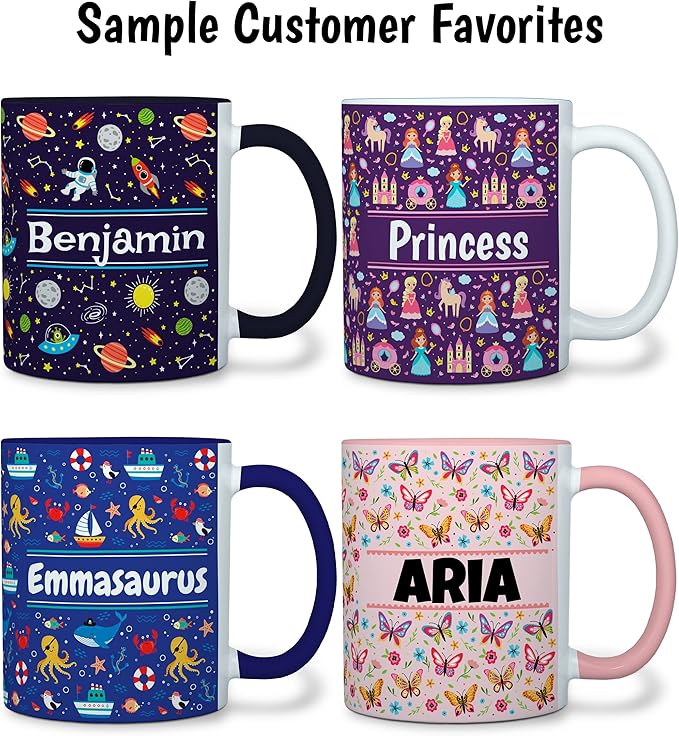 Personalized Mug for Kids - Dogs - Custom Name/Text, Ceramic Hot Chocolate/Cocoa/Coffee Cup for Boys/Girls, Birthday/Christmas/Holiday Gift - 11 oz, Light Blue Handle