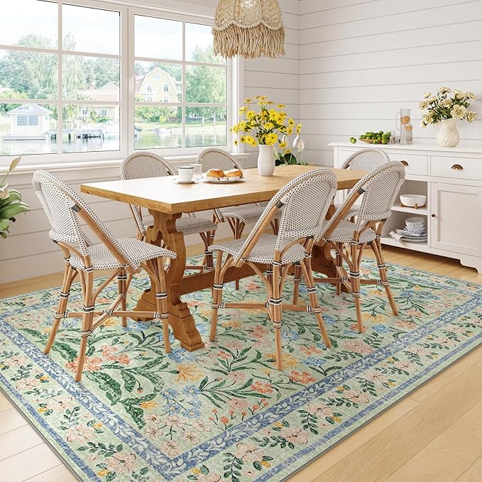 Wonnitar Washable Floral 6x9 Rug, Soft Green Area Rug Boho Non Slip Dining Room Carpet, Non-Shedding Flower Floor Carpets for Kids Bedroom Living Room Dorm Playroom