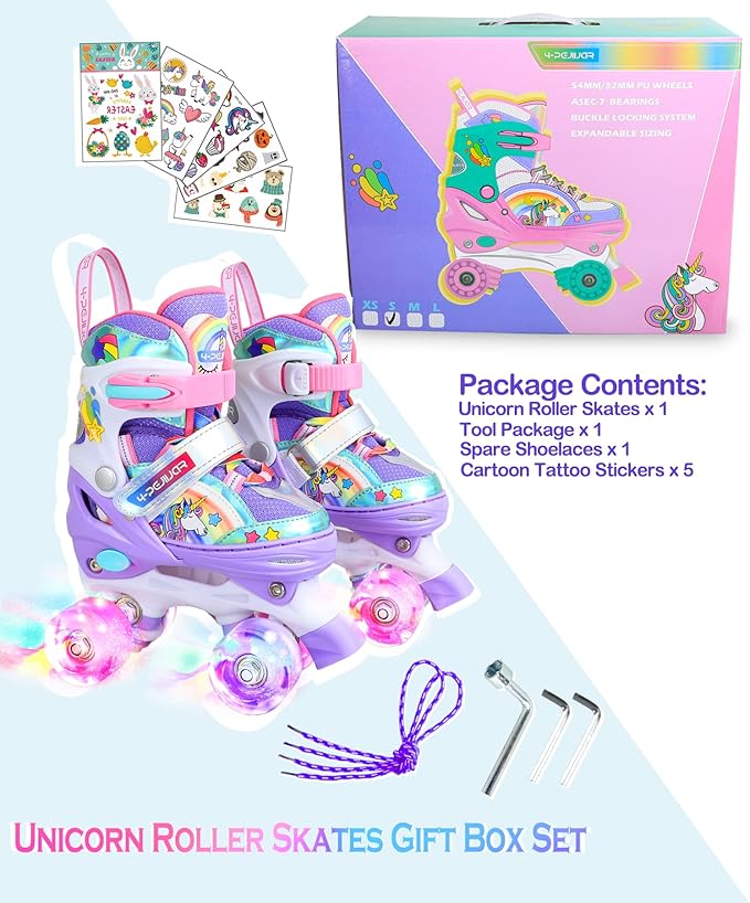 4-Pejiijar Rainbow Unicorn Kids Roller Skates for Girls Toddler Ages 2-4 5-8 8-12,Adjustable Roller Shoes with Luminous Wheels for Birthday Xmas Gifts