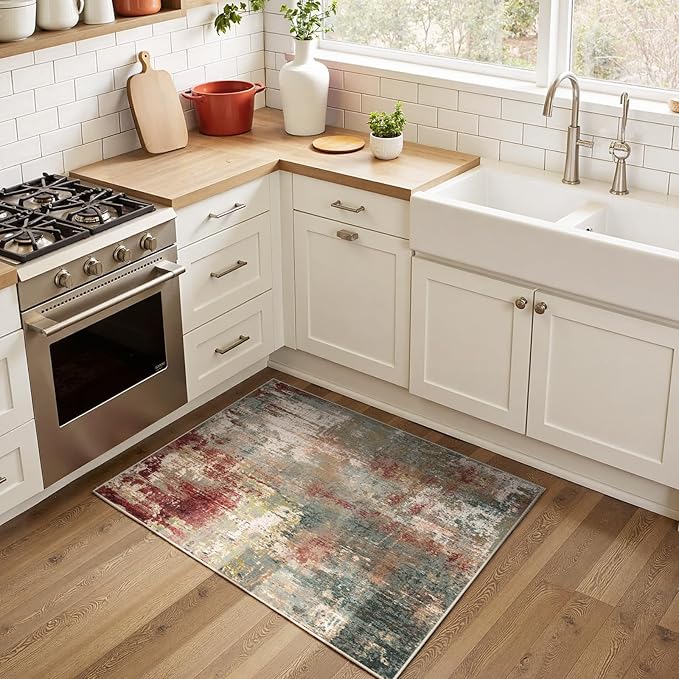 Washable Area Rugs 2'x3' Non-Slip Modern Abstract Soft for Living Room Entryway Bedroom Nursery, Print Pattern, Brown Rust Red Multi