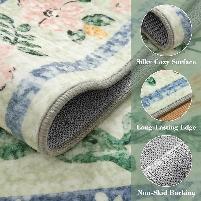 Wonnitar Boho Washable Rugs 8x10, Large Floral Rugs for Bedroom, 8 x 10 Soft Green Living Room Carpet, Non Slip Ultra-Thin Carpet for Kids Playroom Dorm Dining Room