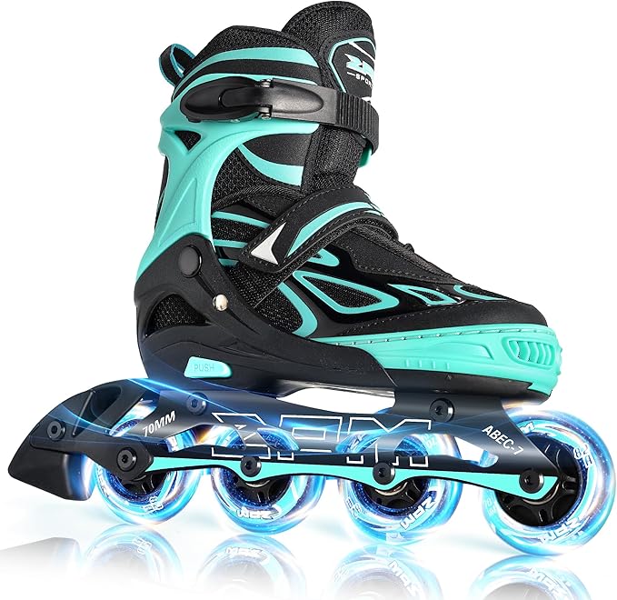 2PM SPORTS Vinal Girls Adjustable Flashing Inline Skates, All Wheels Light Up, Fun Illuminating Skates for Kids Men Adult Women and Boys