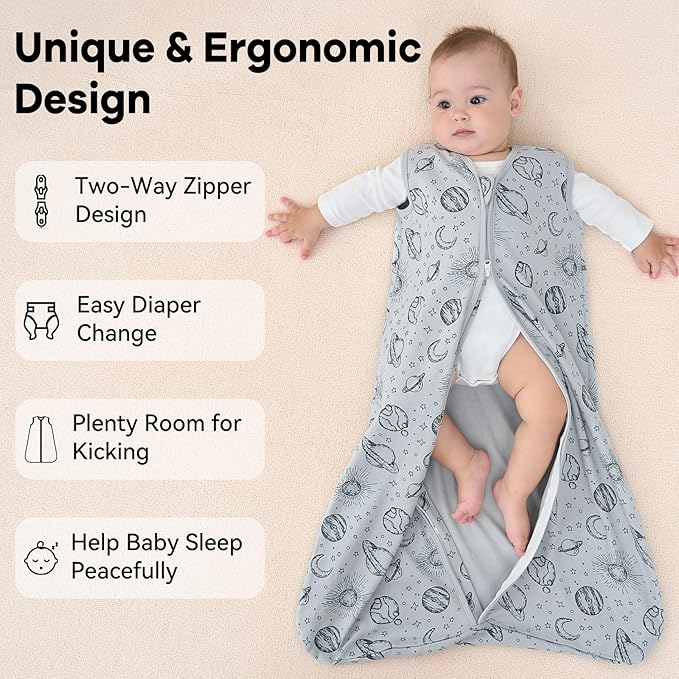 Baby Sleep Sack 0-6 Months 3 Pack 100% Cotton Lightweight 0.5 TOG Wearable Blanket Baby Sleep Bag with 2-Way Zipper for Newborn Infant White Gray Blue Space