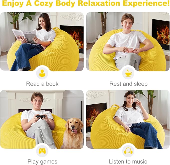 Homguava 3.5FT Bean Bag Chair: Teardrop Bean Bags with Memory Foam Filled, Compact Beanbag Chairs Soft Sofa with Corduroy Cover (Yellow)