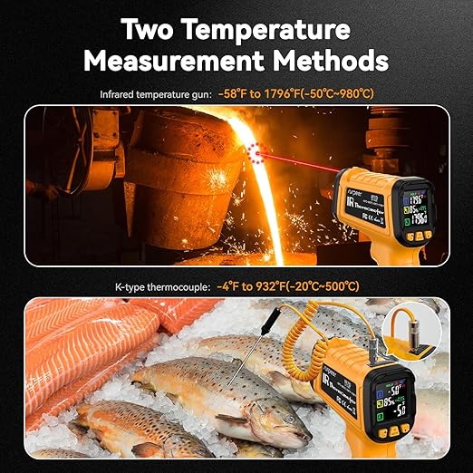 50:1 Infrared Thermometer -58F to 1796F, Laser Temp Gun with Thermocouple Probe for Pizza Oven, HVAC, BBQ, High Temp Gun with Humidity Sensor, Accurate for Home and Industrial Use