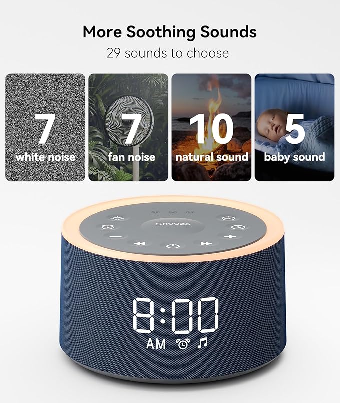 Dreamegg D1+ Sound Machine & Alarm Clock - Sound Machine for Sleep, White Noise Machine with 29 Soothing Sounds, Night Light, 0-100% Dimmable, White Noise Alarm Clock for Bedrooms Adults Baby, Blue