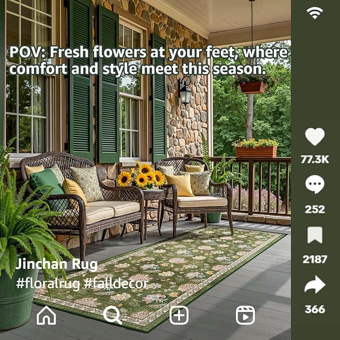 jinchan 3x10 Floral Runner Rug for Hallway Washable Kitchen Runner Vintage Romance Design Non Slip Thin Indoor Floor Cover Low-Profile Throw Carpet for Entryway Bathroom Bedroom Porch, Green