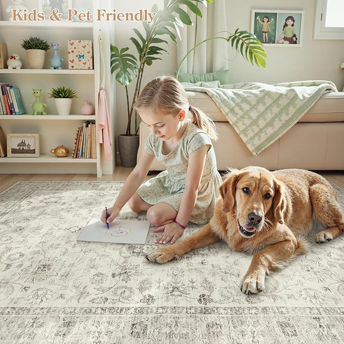 LIVEBOX Washable Area Rug 10x14 Rugs for Living Room Bedroom, Non-Slip Boho Indoor Carpet for Dining Room Office, Low-Pile Farmhouse Soft Carpets for Kids Nursery Room Playroom, Taupe