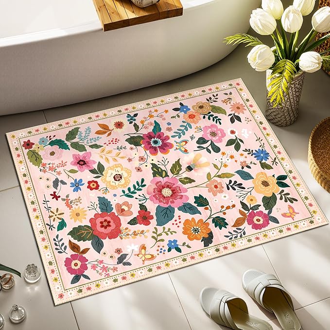 Floral 2x3 Area Rug Machine Washable Soft Print Boho Carpet Non Slip Doormat Low Pile Flower Area Rugs for Living Room Bedroom Nursery Kitchen Dining Room Indoor-Pink