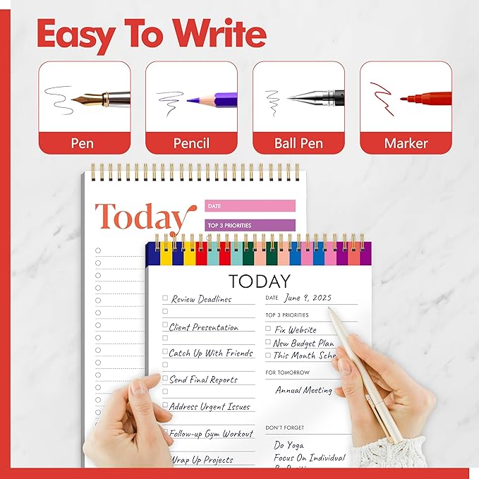 2 To Do List Notepads, Daily Planner Notebook with Tear-off Design, Undated Writing Organizer for Daily Tasks and Goal, Coiled Task Track Checklist Productivity Pad for Office, Classroom, Home, School