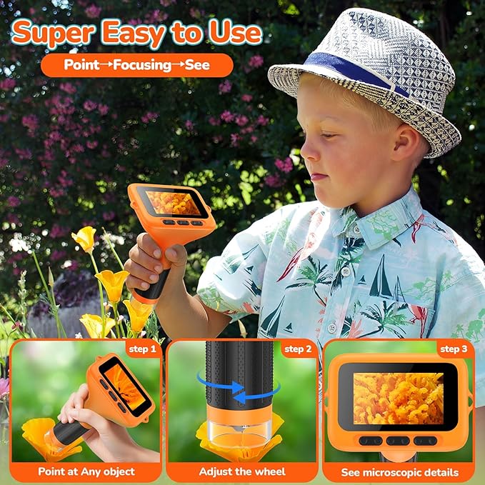 3" Screen Digital Microscope for Kids: 1000X Rechargeable Mini Pocket Portable Miniscope Magnifying Glass 4K Coin Jewelry Loupe Edu Science STEM Toy Xmas Gift 4-12 Boys Girls