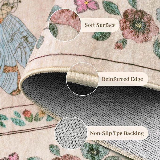 5x7 Washable Area Rug with Insect Print - Bug Rug Non-Shedding Stain Resistant Soft Carpet for Bedroom, Low Pile Ultra-Thin Machine Washable Carpet for Dining Room, Kids Nursery, Office (5'x7' Beige)