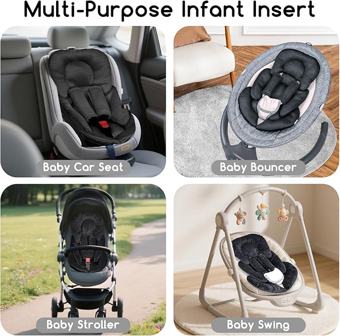 Infant Car Seat Insert for Newborn Girls Boys, Summer Mesh Baby Carseat Head Support with Strap Pads, Soft Reversible Baby Car Seat Insert Cushion Pad for Car Seat, Stroller, Bouncer, Swing, Black