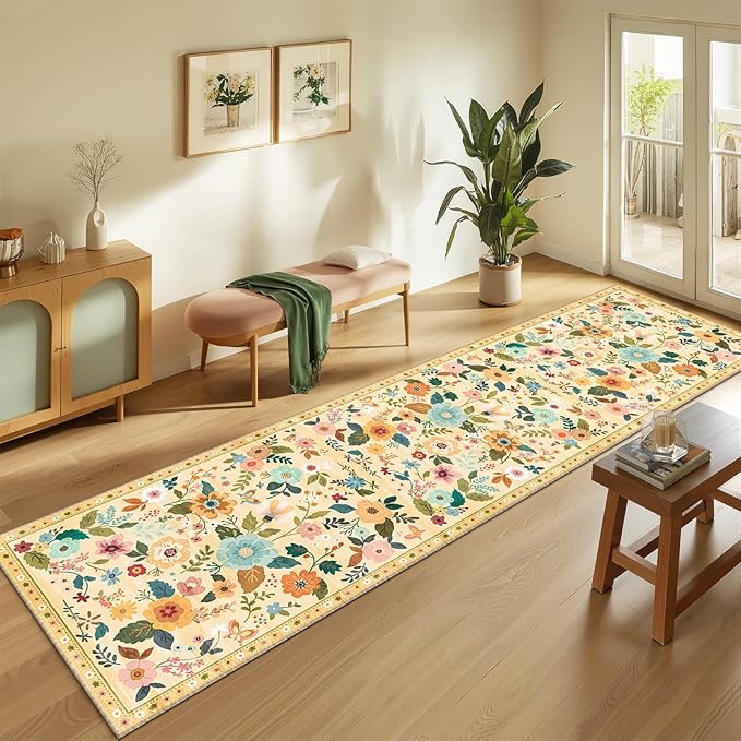 Floral 2x8 Area Rug Machine Washable Soft Print Boho Carpet Non Slip Doormat Low Pile Flower Area Rugs for Living Room Bedroom Nursery Kitchen Dining Room Indoor-Ivory/Yellow