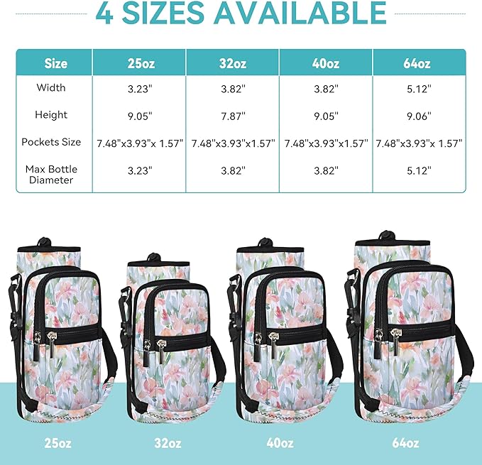 25/32/40/64oz Water Bottle Bag Holder Carrier-Insulated Crossbody Sling Case Sleeve with Strap & Pockets for Men Women Gym Cycling Travel Walking Hiking Camping