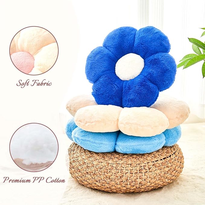 Royal Blue Flower Pillow, Cute Decorative Flower Shaped Throw Pillow with Faux Rabbit Fur, 19.6" Soft Flower Plush Throw Pillow Floor Pillows Room Décor for Bedroom Living Room