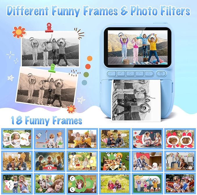 Kids Camera Instant Print, 3.0" HD 32MP Birthday Gifts for 3-12 Year Old Girls Boys, 1080P Digital Camera for Toddler Children, Portable Toy with 32GB SD Card-Blue