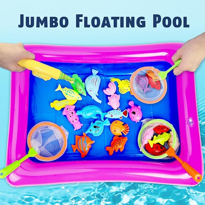 CozyBomB™ Magnetic Fishing Toys Game Set for Kids | Water Table Bathtub Kiddie Pool Party & Pole Rod Net, Plastic Floating Fish Toddler Color Ocean Sea Animals Birthday Age 3 4 5 6 Year