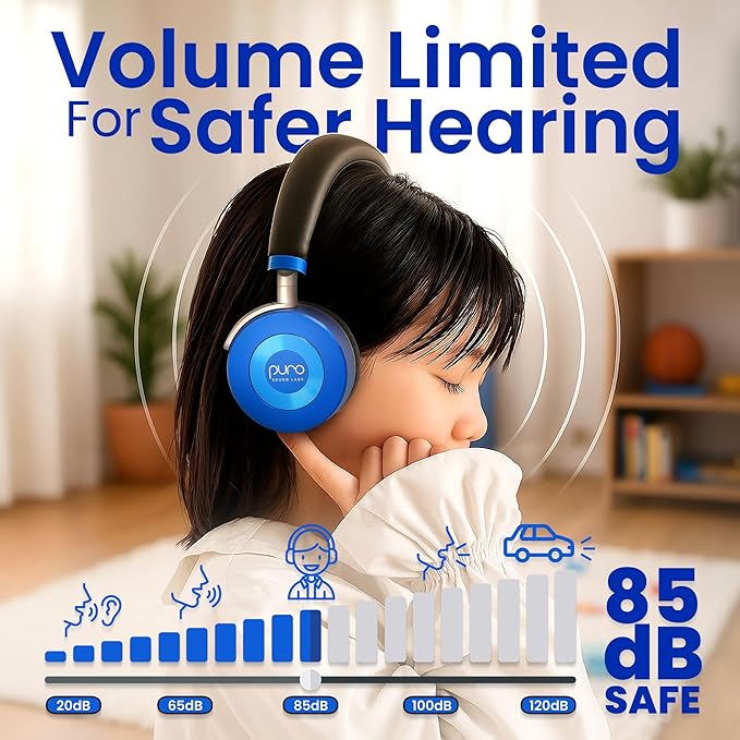 Puro Sound Labs JuniorJam Plus Volume-Limiting Wireless Bluetooth Headphones for Kids, Secure Audio with Adjustable On-Ear Design, 22-Hour Battery, Ideal for Tablets, Smartphones & PCs - Blue