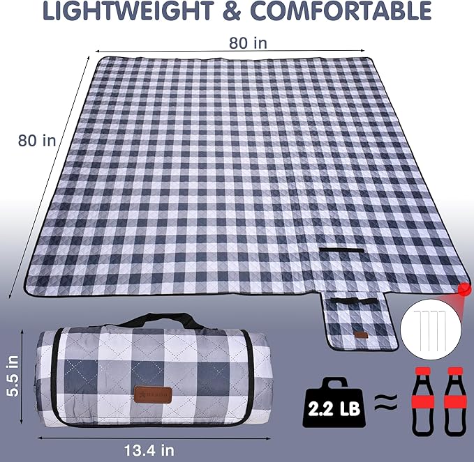 HX&OD Outdoor Picnic Blanket, Extra Large, 80''x80'' Waterproof Foldable Blankets Gingham Picnic Mat for Beach, Camping Grass Lawn Park Accessories Cute Couple Ideas Wedding (Gray, 80”x80”)
