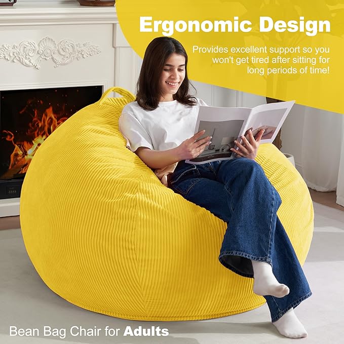 Homguava 3.5FT Bean Bag Chair: Teardrop Bean Bags with Memory Foam Filled, Compact Beanbag Chairs Soft Sofa with Corduroy Cover (Yellow)