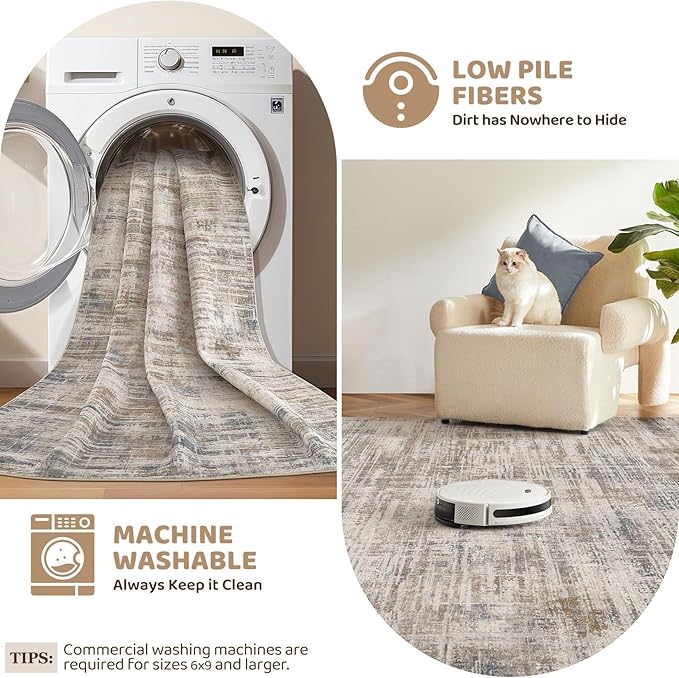 Area Rug for Living Room: 6x9 Washable Neutral Abstract Modern Soft Rugs Non Slip Indoor Floor Stain Resistant Large Carpet for Bedroom Dining Room Office Nursery - Brown