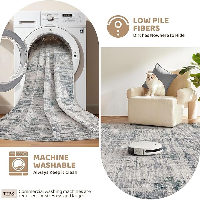 Area Rug for Living Room: 10x12 Washable Neutral Abstract Modern Soft Rugs Non Slip Indoor Floor Stain Resistant Large Carpet for Bedroom Dining Room Office Nursery - Gray