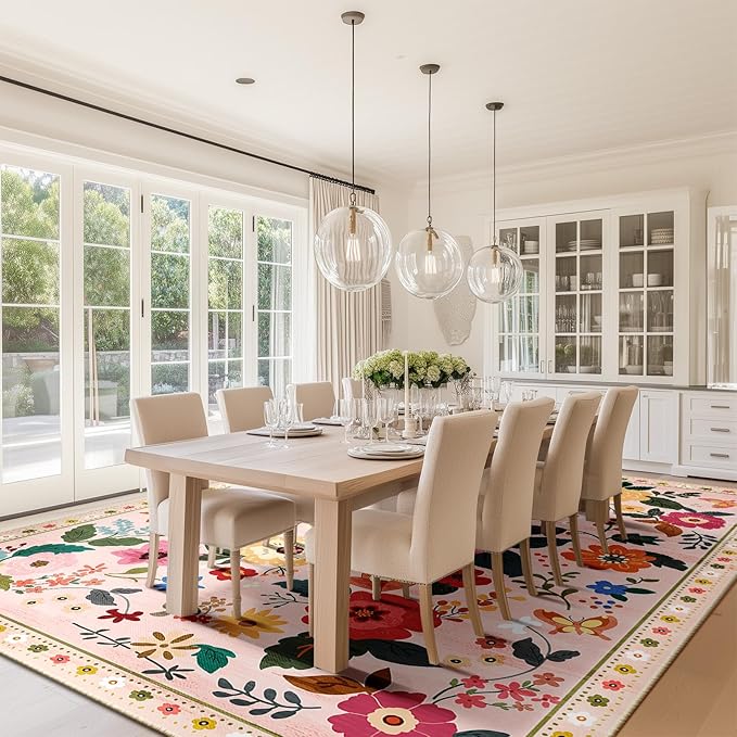Floral 9x12 Area Rug Machine Washable Soft Print Boho Carpet Non Slip Doormat Low Pile Flower Area Rugs for Living Room Bedroom Nursery Kitchen Dining Room Indoor-Pink