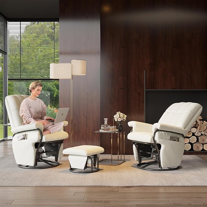JIASTING 360° Swivel Leather Recliner Chair with Ottoman & Double Side Pockets, Nursing Glider Rocking Recliner Chair, Gliding Chairs for Nursery, Living Room, Office, Bedroom, Metal Frame (White)