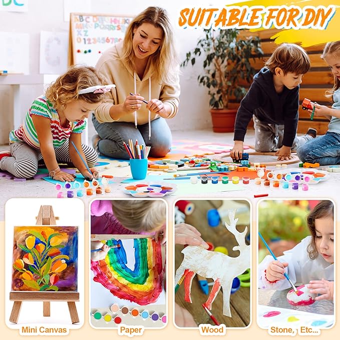 Fulmoon 96 Set Acrylic Paint Kits for Kids Adults Washable Mini Painting Kit Arts Crafts Party Favors Filled Strips Brushes Palettes Bulk for Classroom Home Kit Supplies (Vivid Color)