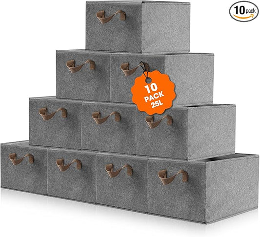 10 Pack Large Capacity Storage Bins, 25L Fabric Closet Organizer With Handles, Collapsible Baskets for Shelves, Clothing, Sheets, Books, Toys (Gray)