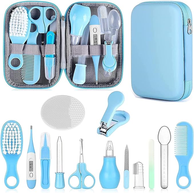 Baby Grooming Kit, Infant Safety Care Set with Hair Brush Comb Nail Clipper Nasal Aspirator,Baby Essentials Kit for Newborn Girls Boys (Blue)