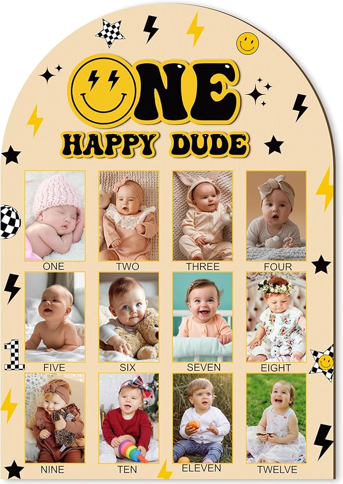 R HORSE My First Year Photo Frame Board, 3D One Happy Dude Birthday Decoration Display Wood Board, Baby Boy First Year Picture Frame 12 Months Milestone 1st Birthday Nursery Decor Gift