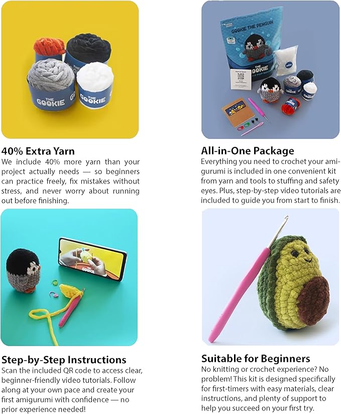THE GOOKIE Amigurumi Crochet Kit for Beginners – DIY Crochet Kit with Yarn, Hook, Eyes & Stuffing – Easy Starter Set with Video Tutorials – Cute Plush Toy Craft Gift for Kids, Teens & Adults (Bee)