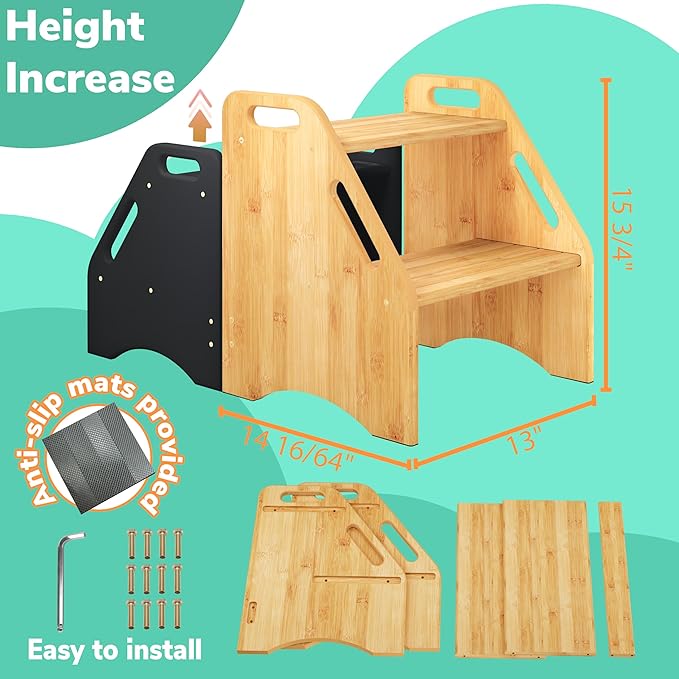 AMBIRD Wooden Step Stool, 15.75'' H Potty Training Toddler 300 lbs Capacity with Safety Non-Slip Pads and Handles, Kitchen Step Stools for Kids, Bamboo Step Stool for Bathroom, High Beds (Natural)