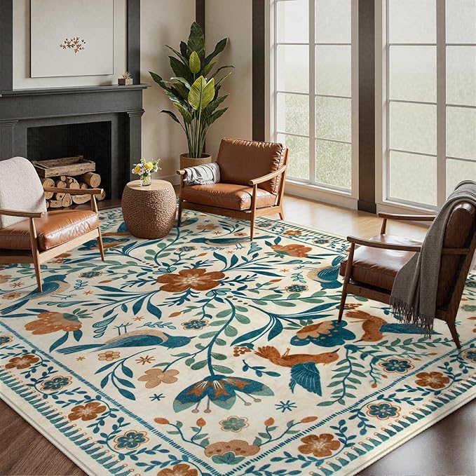 Moynesa Boho Bird Area Rugs 8x10 Rugs for Living Room, Low-Pile Soft Jungle Floral Bedroom Rug Washable Rugs 8x10, Beige Rug Indoor Floor Carpet for Nursery Playroom Dining Room