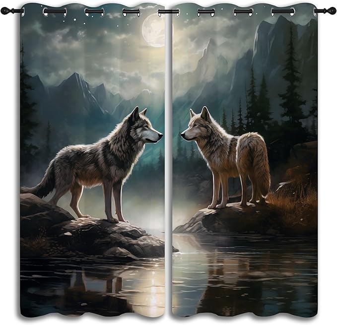 Wolf Blackout Curtains for Boys Girl Bedroom Decor,Moon Mountain Pine Forest Wild Animals Thermal Insulated Grommet Drapes Darkening Window Curtain for Living Room Home 63x63 inch