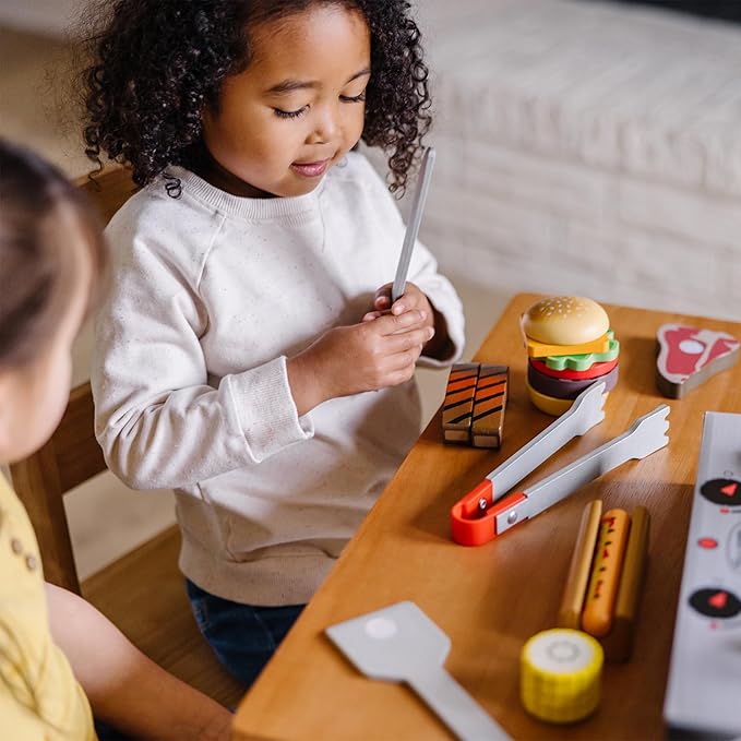 Melissa & Doug Grill and Serve BBQ Set (20 pcs) - Wooden Play Food and Accessories