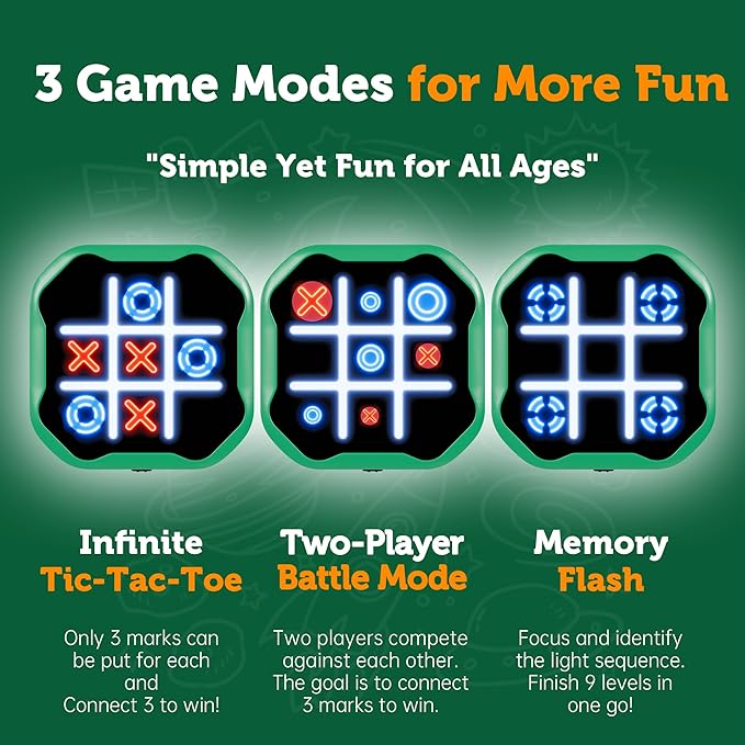 3 in 1 Electronic Tic Tac Toe Game, Handheld Digital Tic Tac Toe Bolt Game with Silent Mode, Portable Learing Toy Gift for Kids & Adults, Green(One Pack)