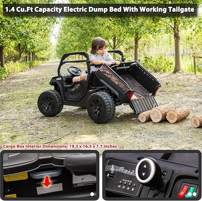sopbost 24V 10Ah Ride On Toys for Big Kids to Drive 2 Seater Ride On Car with Remote Control Battery Powered Side by Side UTV with Large Dump Bed, 4x75W Motors, Camouflage Black
