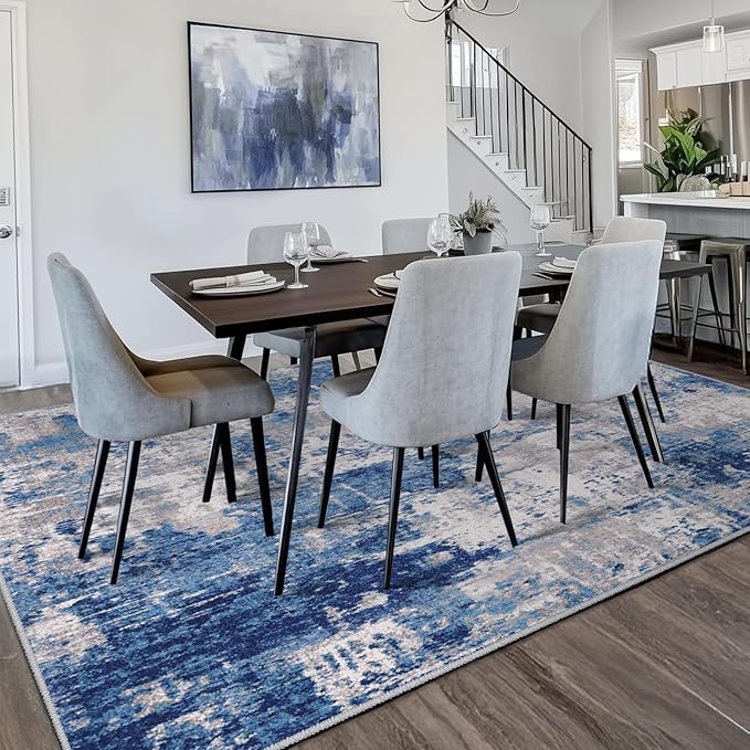 Washable Area Rugs 7'x9' Non-Slip Modern Abstract Soft for Living Room Entryway Bedroom Nursery, Print Pattern, Blue Grey Navy Gray