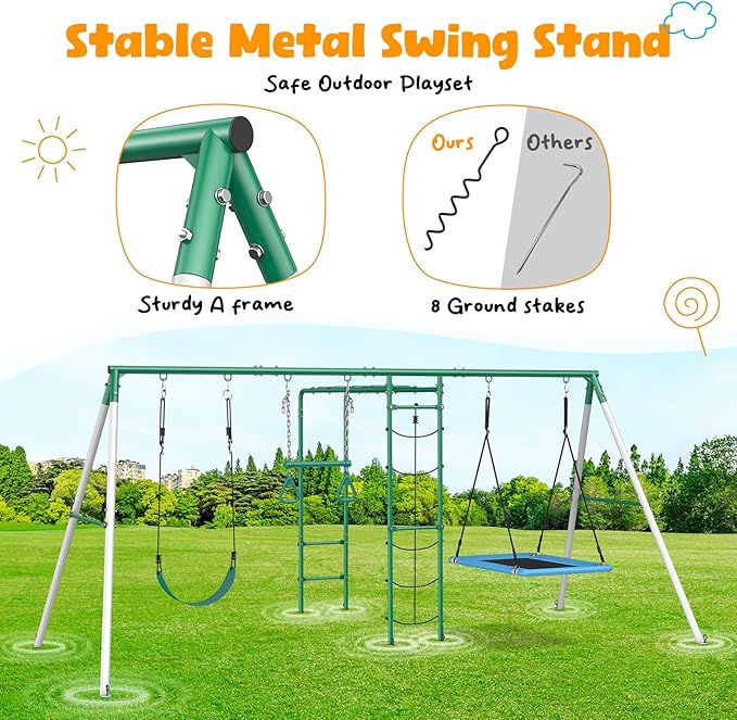 Hapfan Swing Sets for Backyard with Monkey Bars, Belt Swing, Platform Swing, Climbing Net, Trapeze Bar, Outdoor Playset for Kids