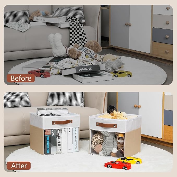 HNZIGE 11 Inch Foldable Fabric Storage Cubes - Clear Bins for Shelves, Canvas Cube Organizer Bins (White Beige 6 PCS)