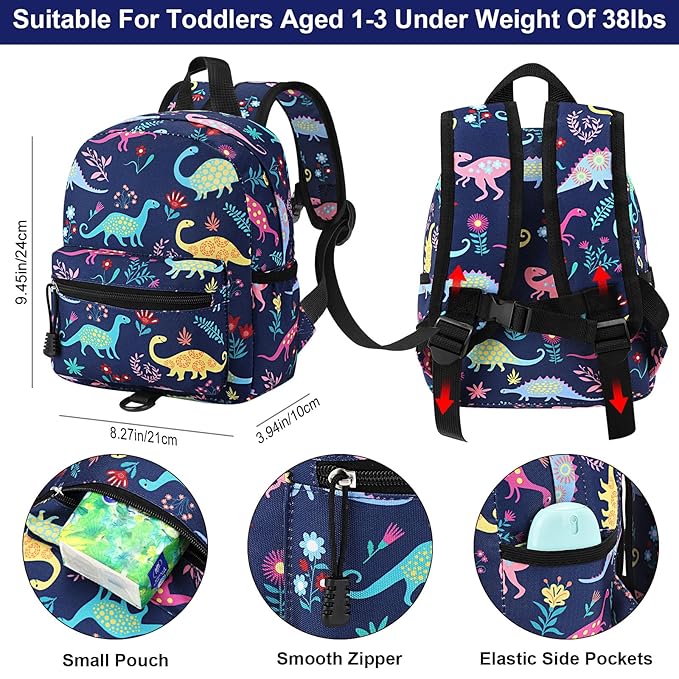 Accmor Toddler Backpack Leash with Anti Lost Wrist Link, Cute Mini Child Walking Harnesses Keep Kids Close Back Pack Rope Tether Rein for Baby Boys (Navy Blue/Dinosaur)