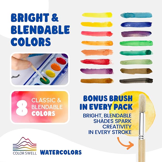Color Swell 144 Set Bulk Watercolor Paint Pack with Wood Brushes 8 Colors Washable Water Colors Perfect for Kids Classroom Parties Students All Ages