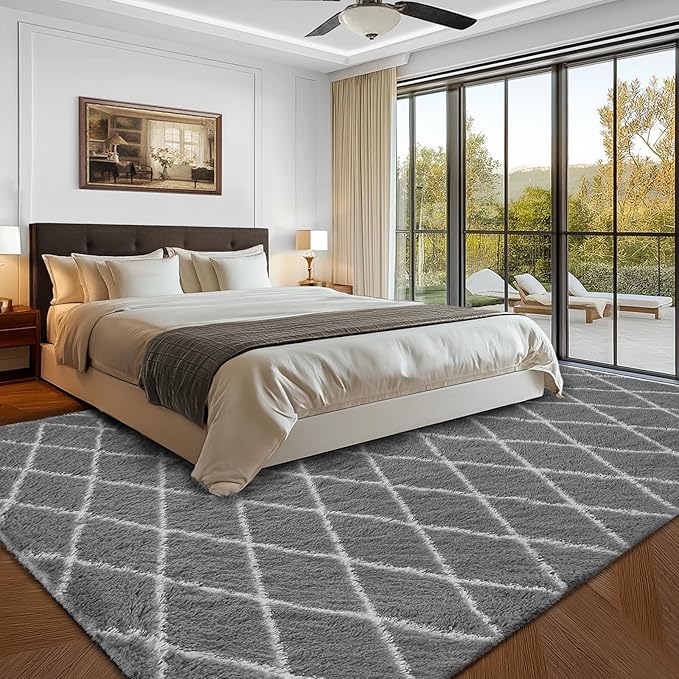 Fluffy Rug for Bedroom, 8X10Feet Stripe Checkered Rug Anti-Skid High Pile for Living Room Bedroom Kids Room Nursery, Dorm Home Decor