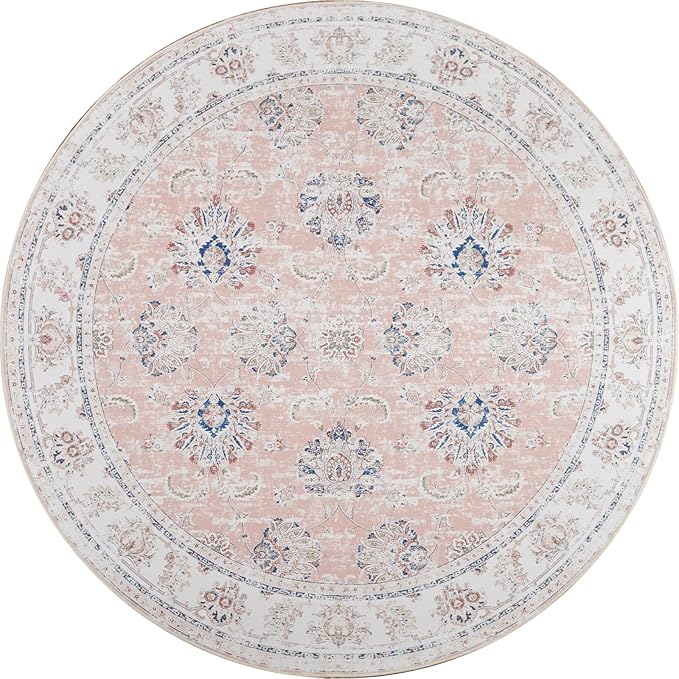 jinchan Round Rug 4ft Area Rugs Vintage Floral Distressed Design - Machine Washable Non-Slip Low-Pile Ultra-Thin Circle Rug for Entryway Bedside Living Room Dining Room Bedroom (4' Round,Pink)