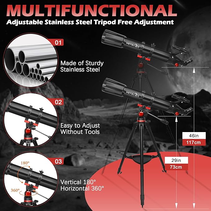 Telescope,Telescope for Adults High Powered, 90mm Aperture 900mm Professional Refractor Telescopes for Kids & Beginners, Magnification 450X,for Planet Observation with Stainless Tripod & Phone Adapter